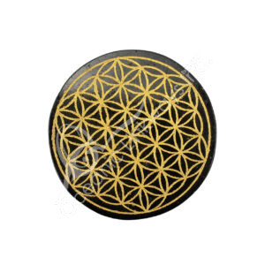 Black Feldspar Charger Plaque with Gold Flower of Life Engraved